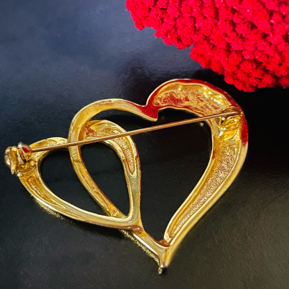 Vintage Double Heart Gold Brooch - Picture 3 of 5